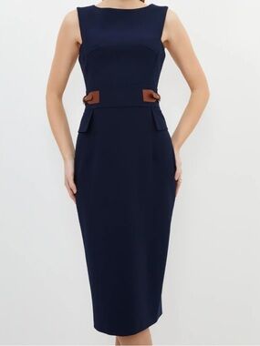 Karen Millen Compact Stretch Tab Waist Detail Tailored Midi Dress